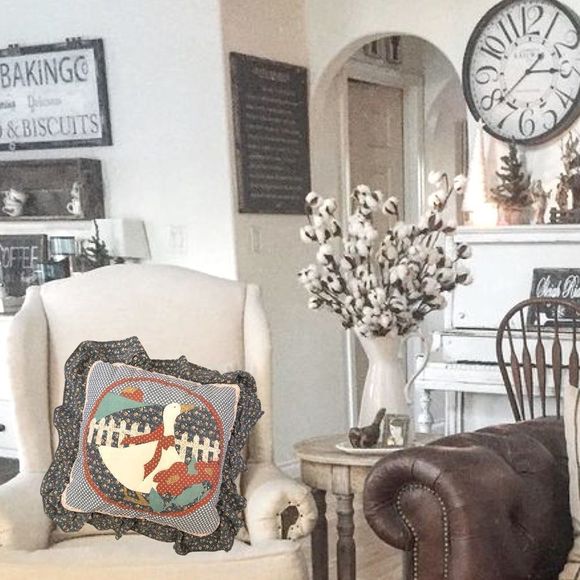 vtg•handmade quilted country goose pillow with ruffled edge - Picture 1 of 4